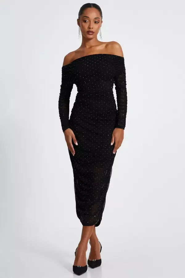 Quiz Clothing Dresses Black Mesh Bardot Midaxi Dress 8211 Women