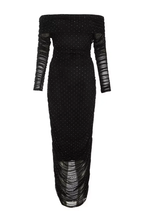 Quiz Clothing Dresses Black Mesh Bardot Midaxi Dress 8211 Women