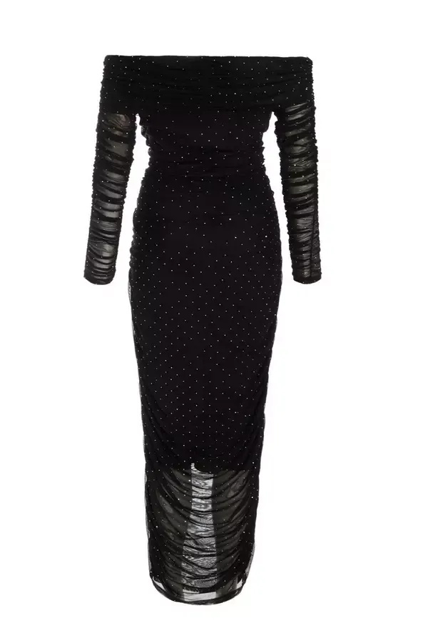 Quiz Clothing Dresses Black Mesh Bardot Midaxi Dress 8211 Women