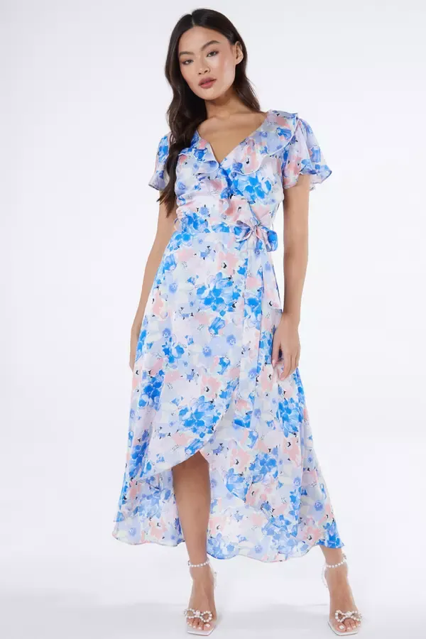 Quiz Clothing Dresses Blue Satin Floral Wrap Midaxi Dress 8211 Women