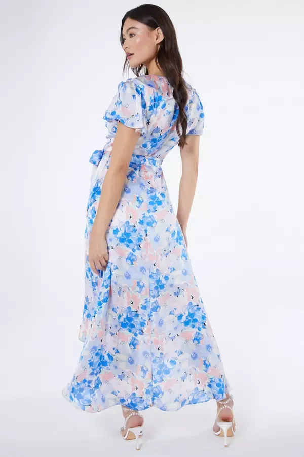 Quiz Clothing Dresses Blue Satin Floral Wrap Midaxi Dress 8211 Women