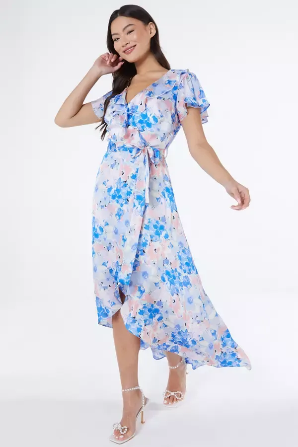 Quiz Clothing Dresses Blue Satin Floral Wrap Midaxi Dress 8211 Women