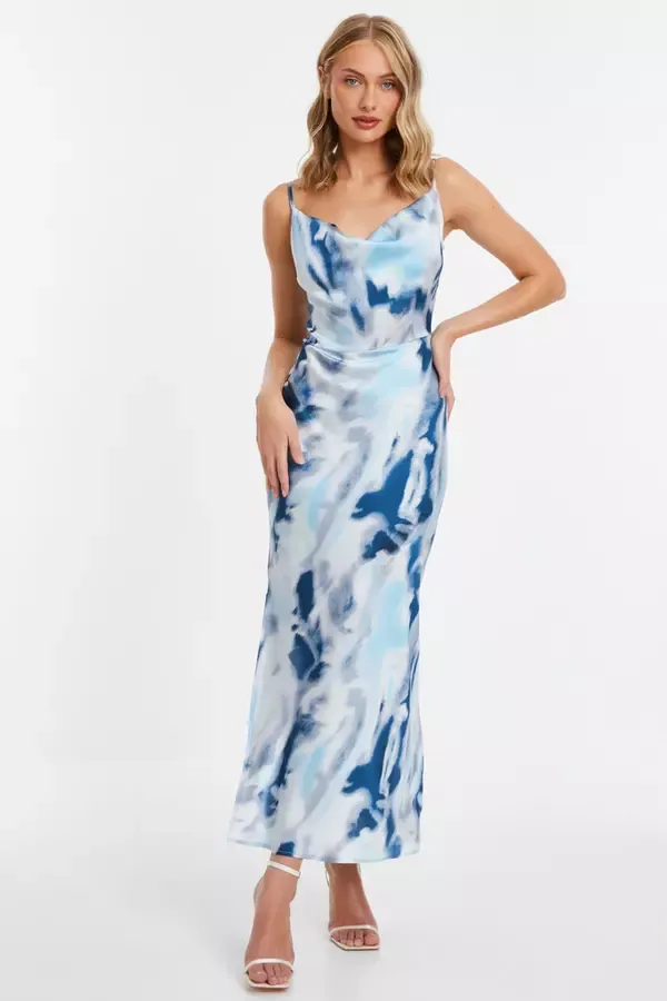 Quiz Clothing Dresses Blue Satin Marble Print Midi Dress 8211 Women