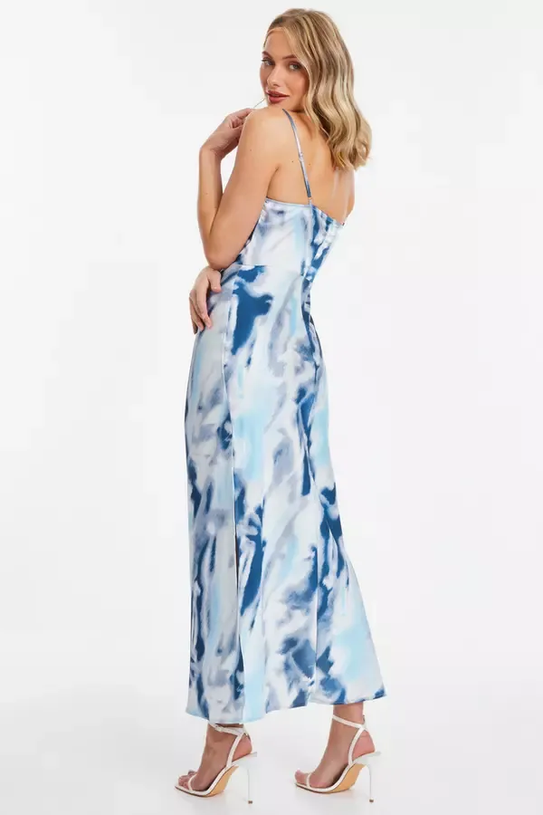Quiz Clothing Dresses Blue Satin Marble Print Midi Dress 8211 Women