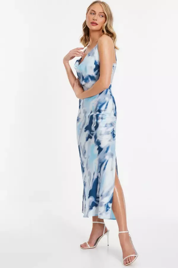 Quiz Clothing Dresses Blue Satin Marble Print Midi Dress 8211 Women