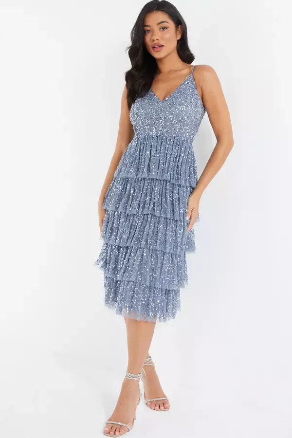 Quiz Clothing Dresses Blue Sequin Tiered Midi Dress 8211 Women