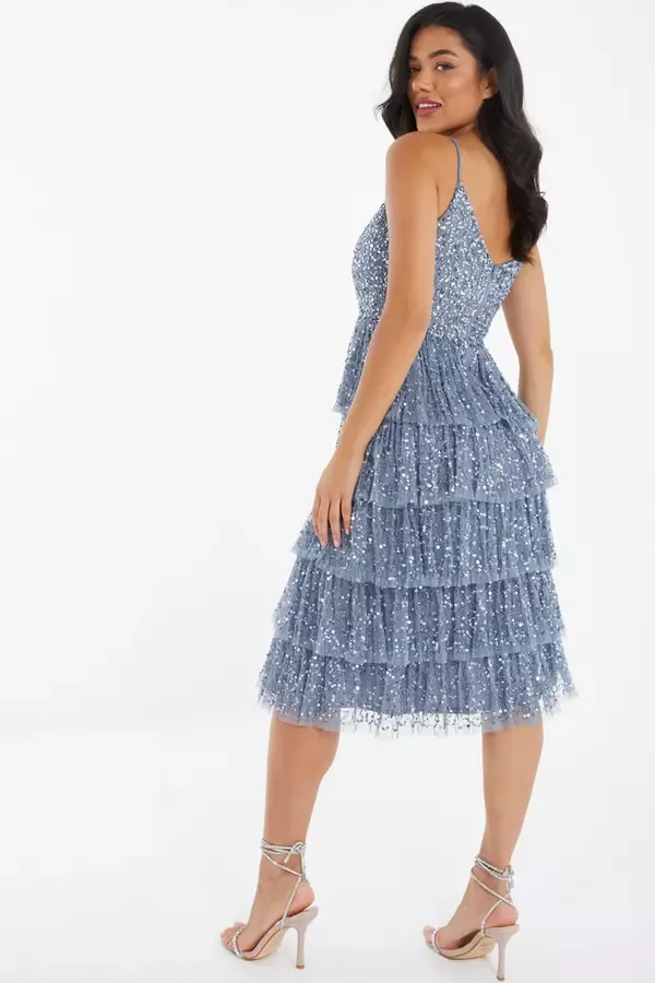 Quiz Clothing Dresses Blue Sequin Tiered Midi Dress 8211 Women