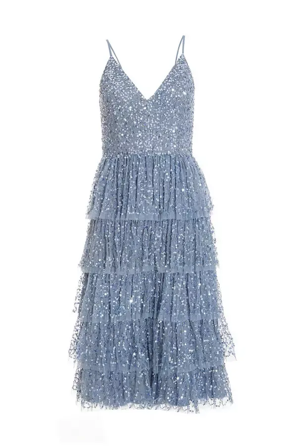 Quiz Clothing Dresses Blue Sequin Tiered Midi Dress 8211 Women