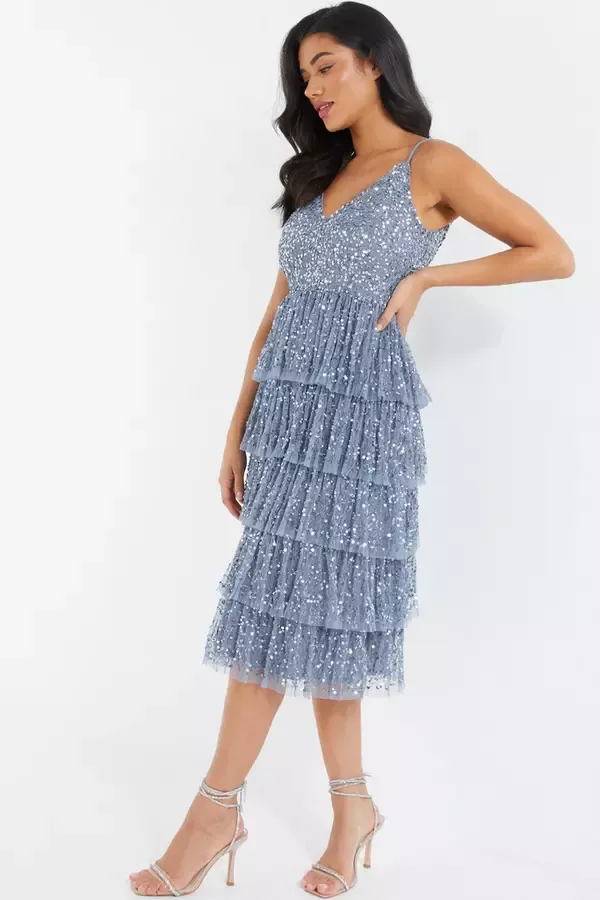 Quiz Clothing Dresses Blue Sequin Tiered Midi Dress 8211 Women
