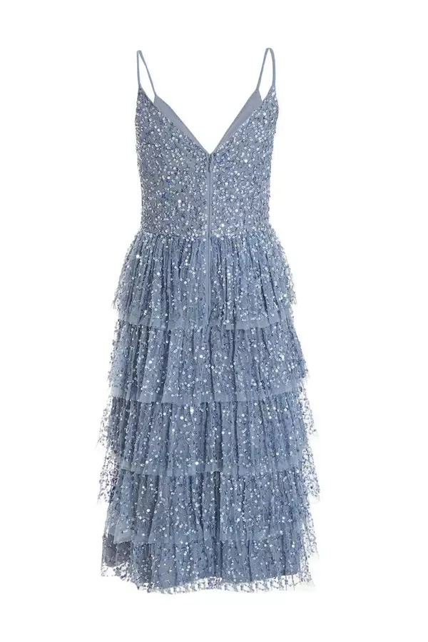 Quiz Clothing Dresses Blue Sequin Tiered Midi Dress 8211 Women