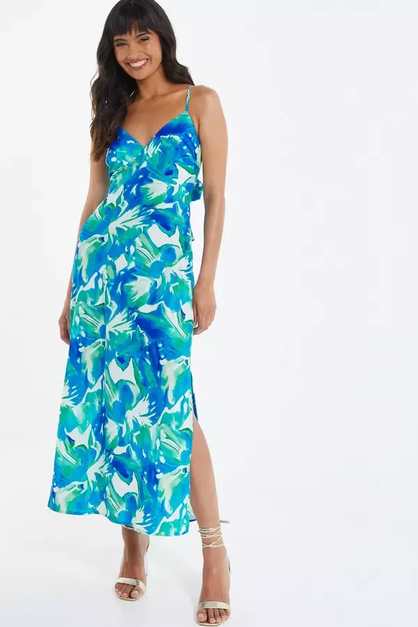 Quiz Clothing Dresses Blue Tropical Print Satin Midaxi Dress 8211 Women