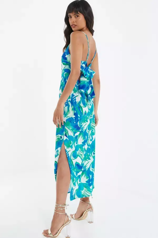 Quiz Clothing Dresses Blue Tropical Print Satin Midaxi Dress 8211 Women