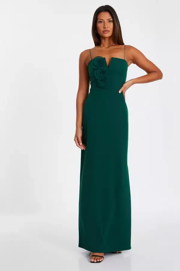 Quiz Clothing Dresses Bottle Green Floral Applique Maxi Dress 8211 Women