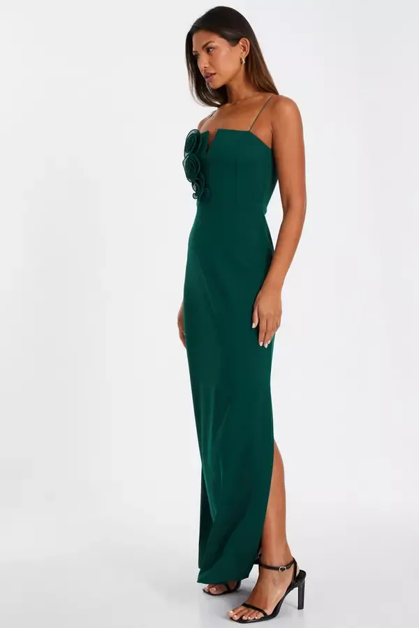 Quiz Clothing Dresses Bottle Green Floral Applique Maxi Dress 8211 Women