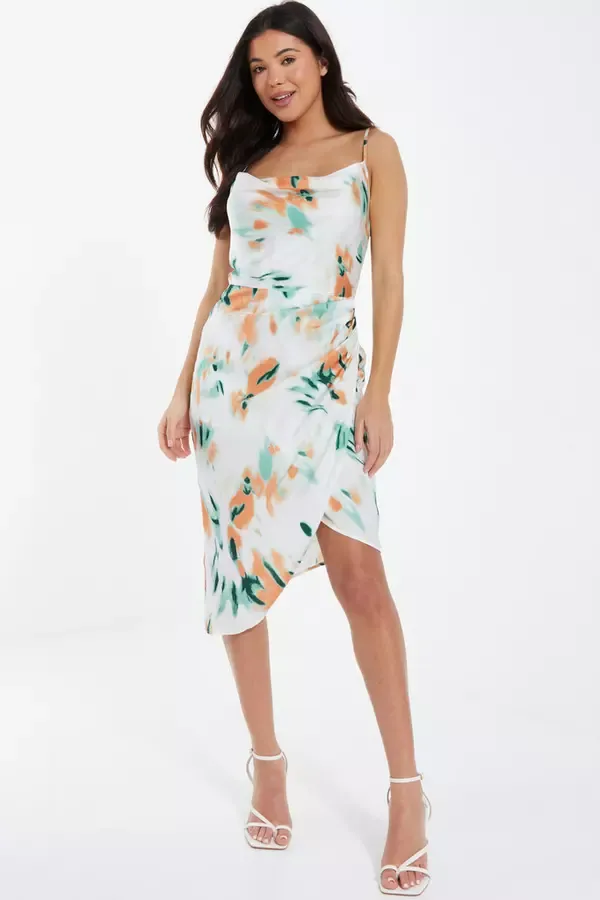 Quiz Clothing Dresses Cream Tie Dye Satin Ruched Midi Dress 8211 Women
