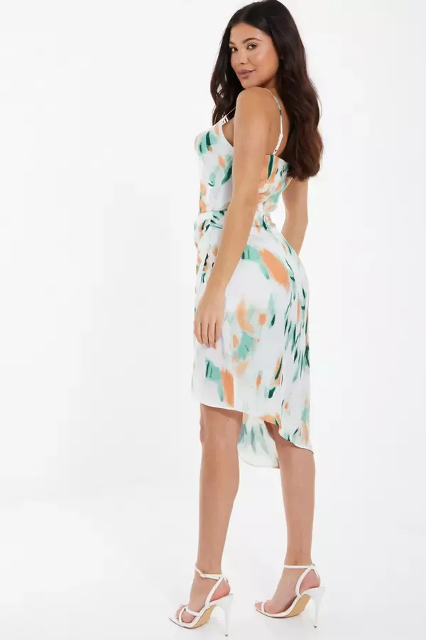 Quiz Clothing Dresses Cream Tie Dye Satin Ruched Midi Dress 8211 Women