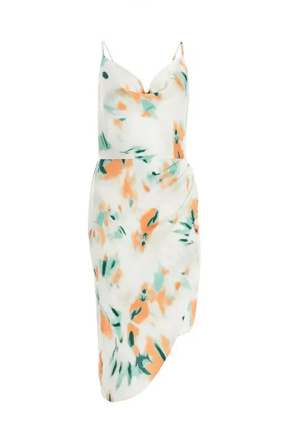 Quiz Clothing Dresses Cream Tie Dye Satin Ruched Midi Dress 8211 Women