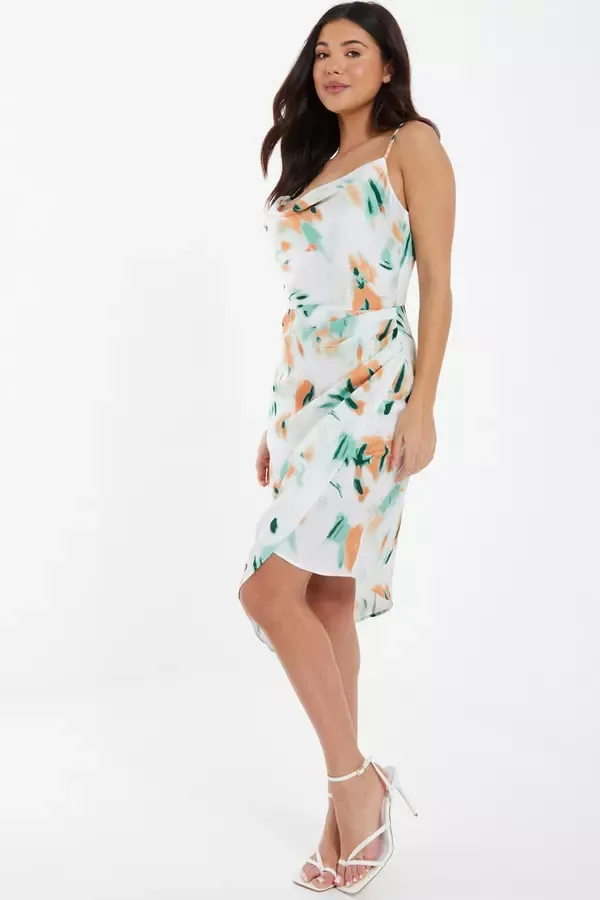 Quiz Clothing Dresses Cream Tie Dye Satin Ruched Midi Dress 8211 Women