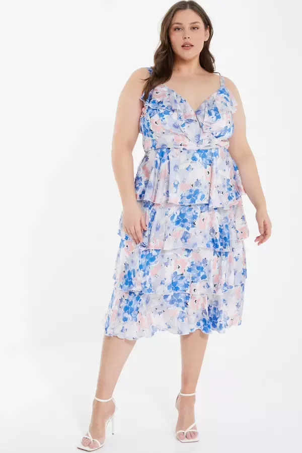 Quiz Clothing Dresses Curve Blue Chiffon Floral Tiered Midi Dress 8211 Women