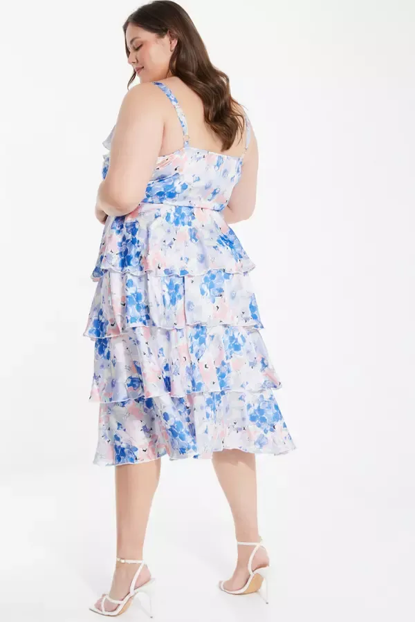 Quiz Clothing Dresses Curve Blue Chiffon Floral Tiered Midi Dress 8211 Women