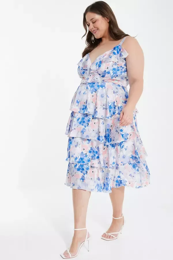 Quiz Clothing Dresses Curve Blue Chiffon Floral Tiered Midi Dress 8211 Women