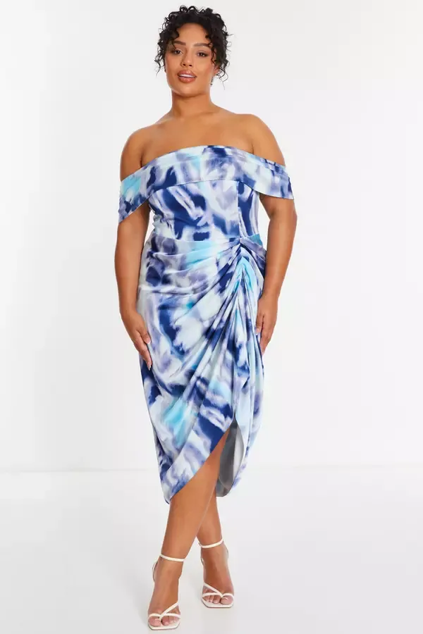 Quiz Clothing Dresses Curve Blue Marble Print Bardot Midi Dress 8211 Women