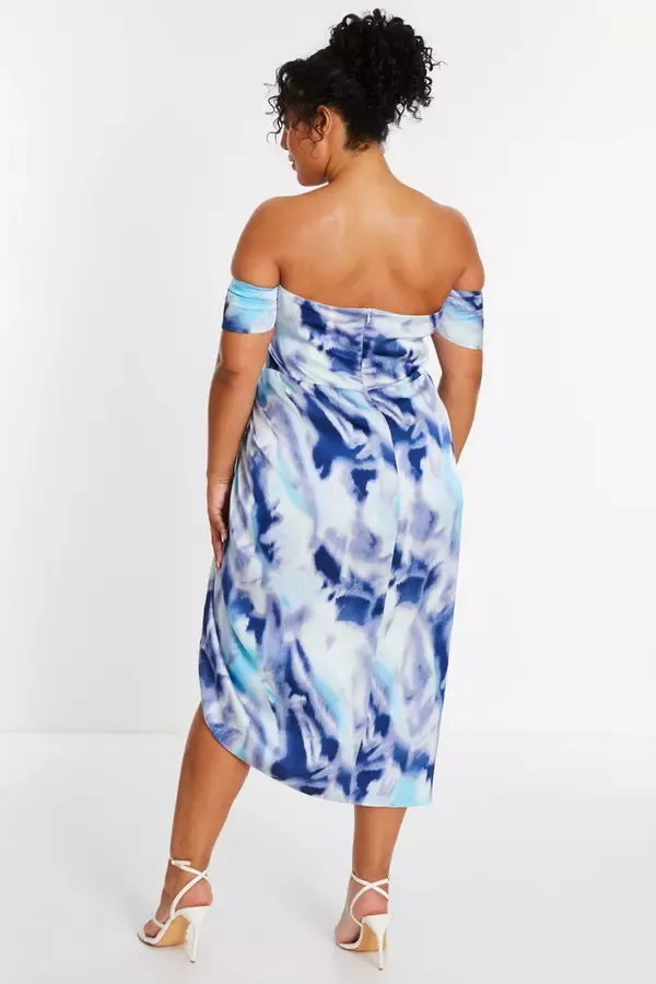Quiz Clothing Dresses Curve Blue Marble Print Bardot Midi Dress 8211 Women