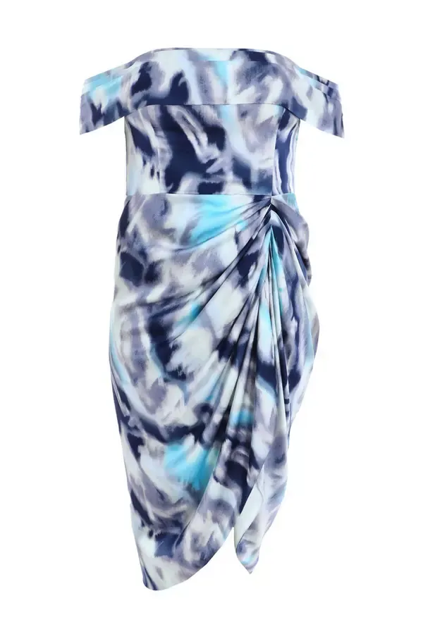 Quiz Clothing Dresses Curve Blue Marble Print Bardot Midi Dress 8211 Women