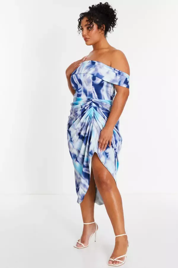 Quiz Clothing Dresses Curve Blue Marble Print Bardot Midi Dress 8211 Women
