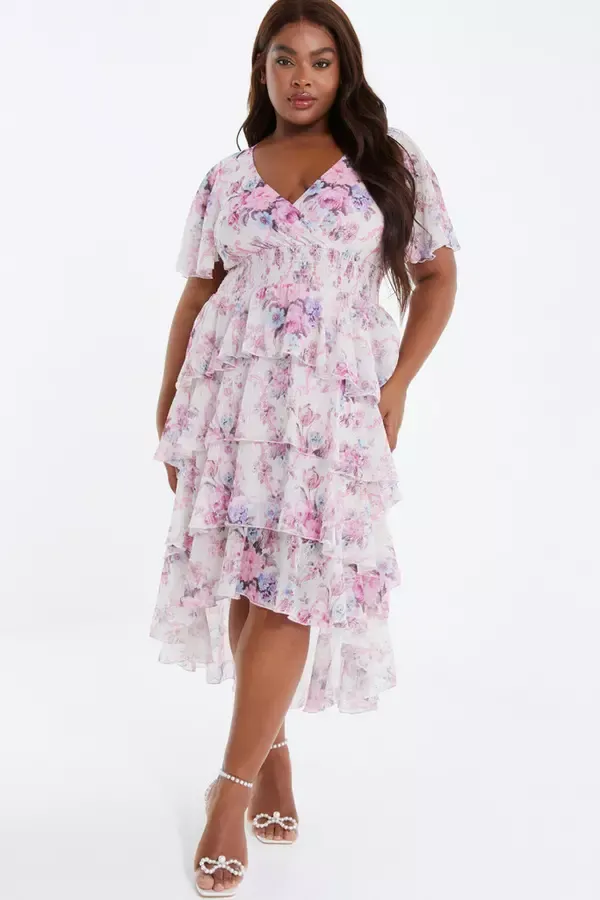 Quiz Clothing Dresses Curve Pink Chiffon Floral Dip Hem Tiered Midi Dress 8211 Women