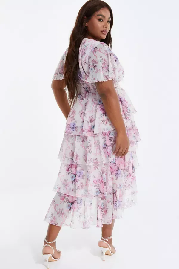 Quiz Clothing Dresses Curve Pink Chiffon Floral Dip Hem Tiered Midi Dress 8211 Women Quiz Clothing Dresses Curve Pink Chiffon Floral Dip Hem Tiered Midi Dress 8211 Women