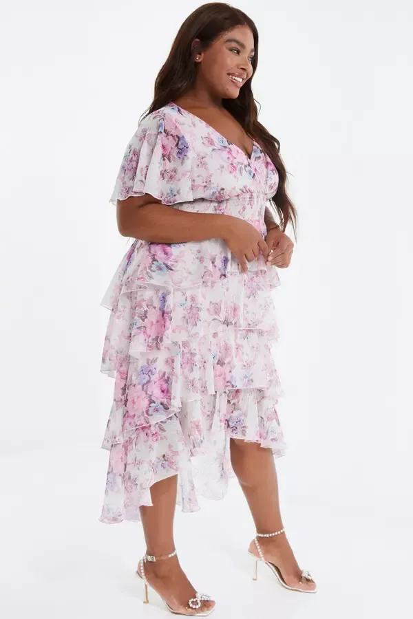 Quiz Clothing Dresses Curve Pink Chiffon Floral Dip Hem Tiered Midi Dress 8211 Women Quiz Clothing Dresses Curve Pink Chiffon Floral Dip Hem Tiered Midi Dress 8211 Women