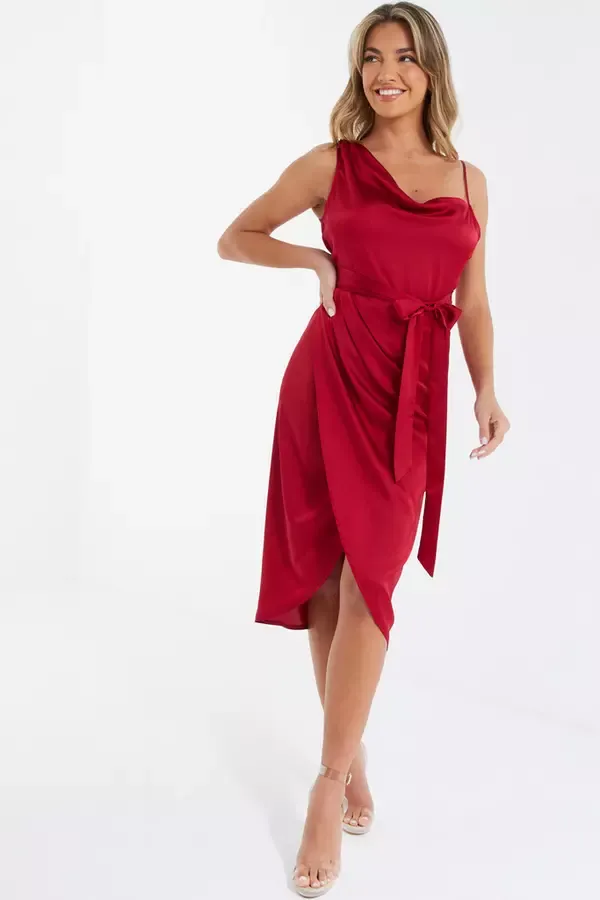 Quiz Clothing Dresses Dark Red Satin One Shoulder Midi Dress 8211 Women