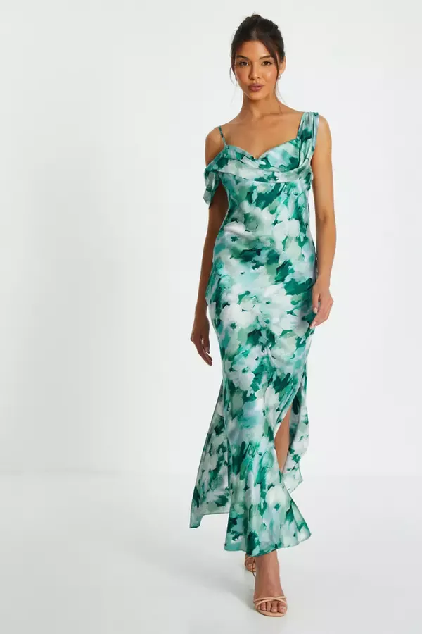 Quiz Clothing Dresses Green Floral Satin Asymmetric Midaxi Dress 8211 Women