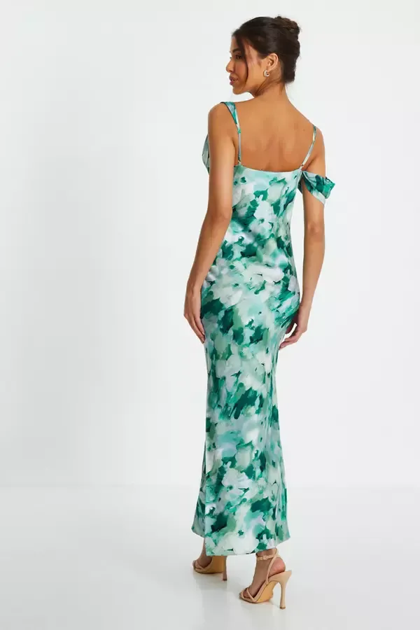 Quiz Clothing Dresses Green Floral Satin Asymmetric Midaxi Dress 8211 Women