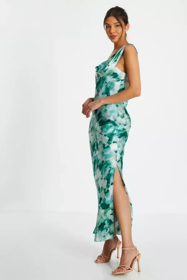 Quiz Clothing Dresses Green Floral Satin Asymmetric Midaxi Dress 8211 Women