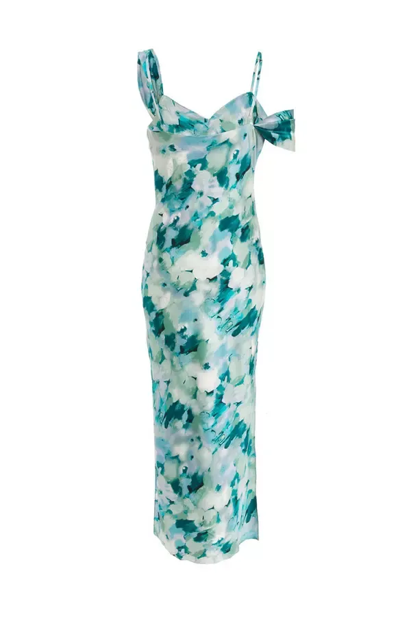Quiz Clothing Dresses Green Floral Satin Asymmetric Midaxi Dress 8211 Women