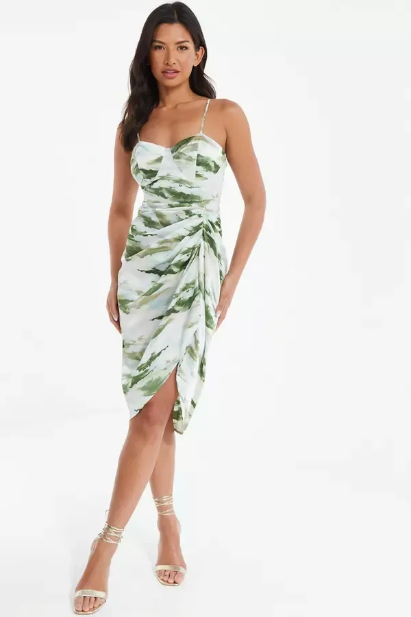 Quiz Clothing Dresses Green Marble Print Satin Midi Dress 8211 Women