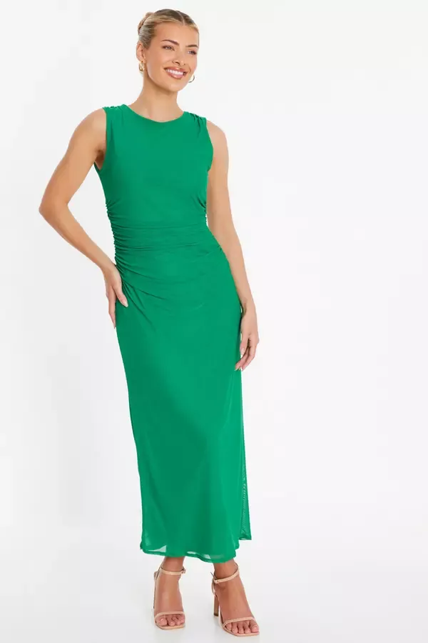 Quiz Clothing Dresses Green Mesh Ruched Bodycon Midaxi Dress 8211 Women