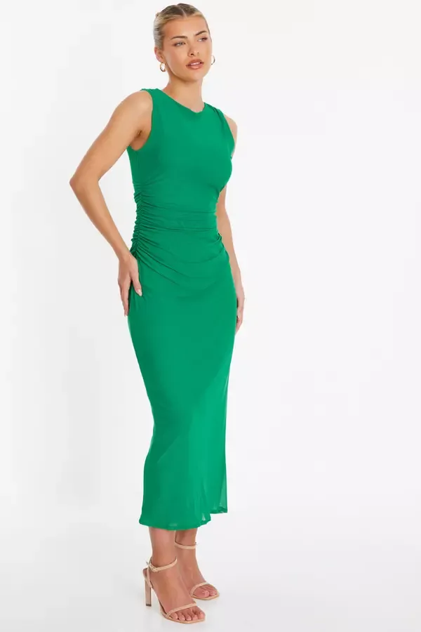 Quiz Clothing Dresses Green Mesh Ruched Bodycon Midaxi Dress 8211 Women