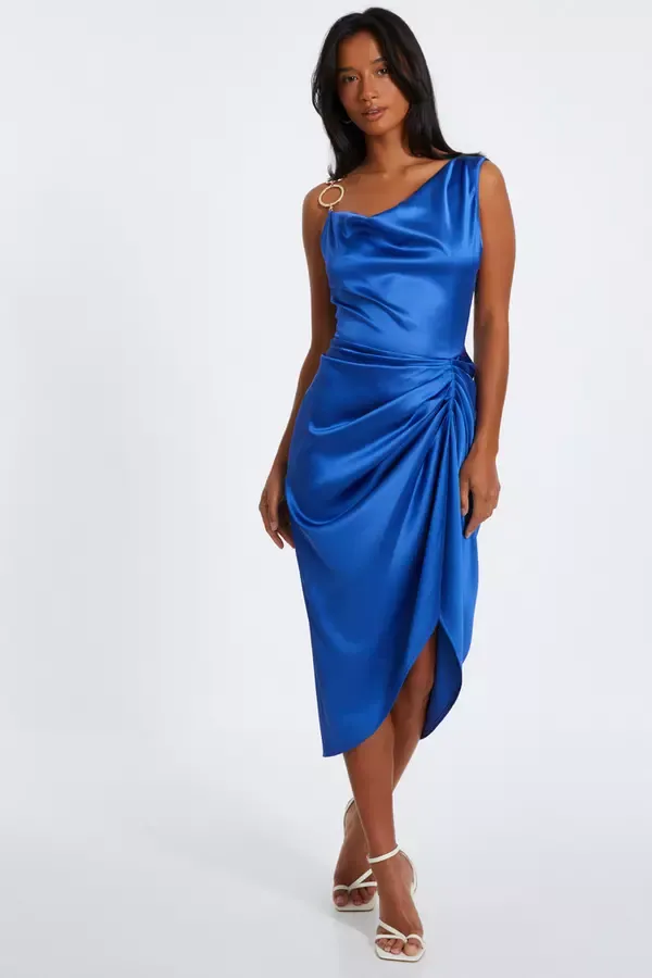 Quiz Clothing Dresses Indigo Satin Ruched Midi Dress 8211 Women