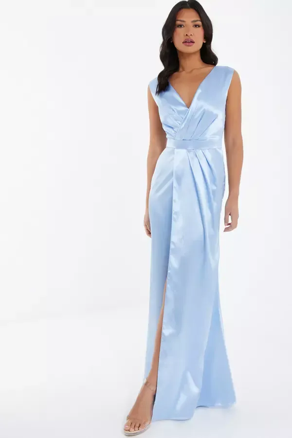 Quiz Clothing Dresses Light Blue Satin Wrap Split Leg Maxi Dress 8211 Women