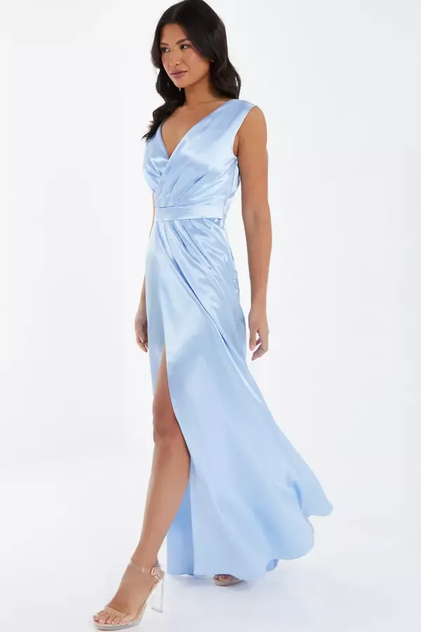 Quiz Clothing Dresses Light Blue Satin Wrap Split Leg Maxi Dress 8211 Women