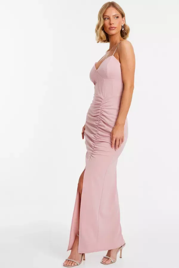 Quiz Clothing Dresses Light Pink Diamante Ruched Maxi Dress 8211 Women