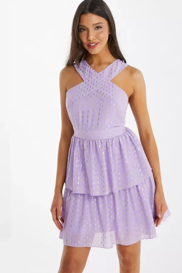 Quiz Clothing Dresses Lilac Chiffon Foil Tiered Mini Dress 8211 Women