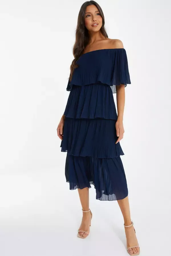 Quiz Clothing Dresses Navy Bardot Pleated Midaxi Dress 8211 Women