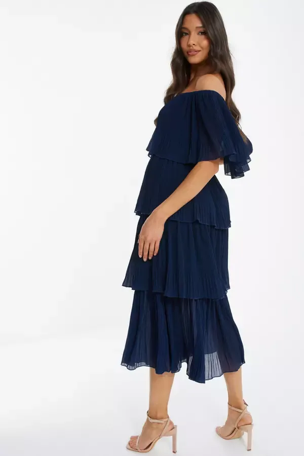 Quiz Clothing Dresses Navy Bardot Pleated Midaxi Dress 8211 Women