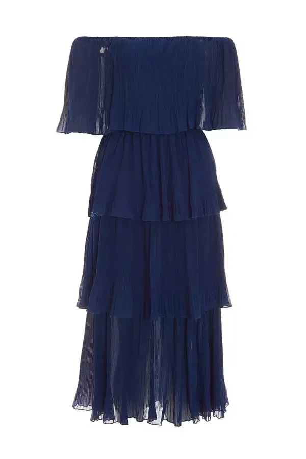Quiz Clothing Dresses Navy Bardot Pleated Midaxi Dress 8211 Women