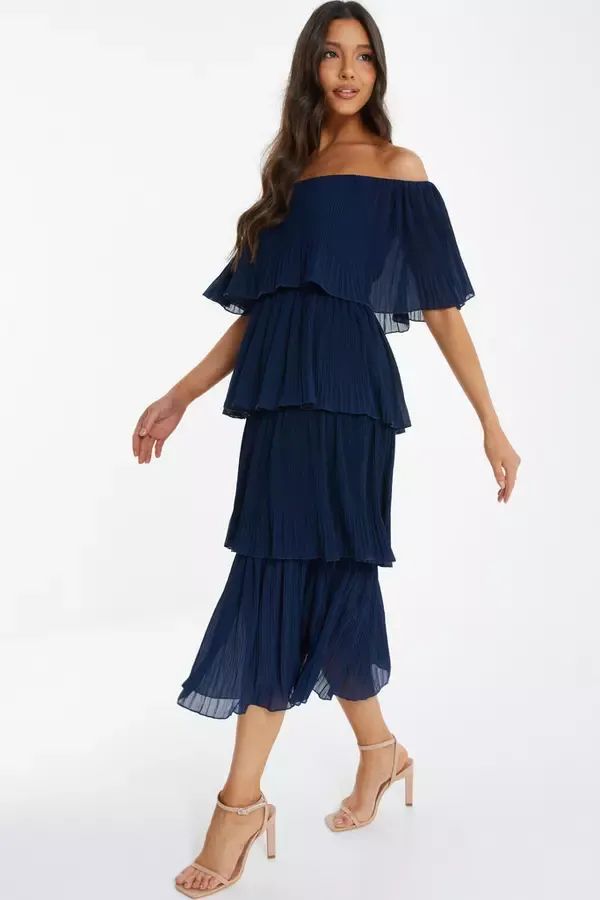 Quiz Clothing Dresses Navy Bardot Pleated Midaxi Dress 8211 Women