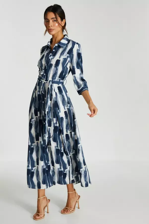 Quiz Clothing Dresses Navy Brush Stroke Midi Shirt Dress 8211 Women